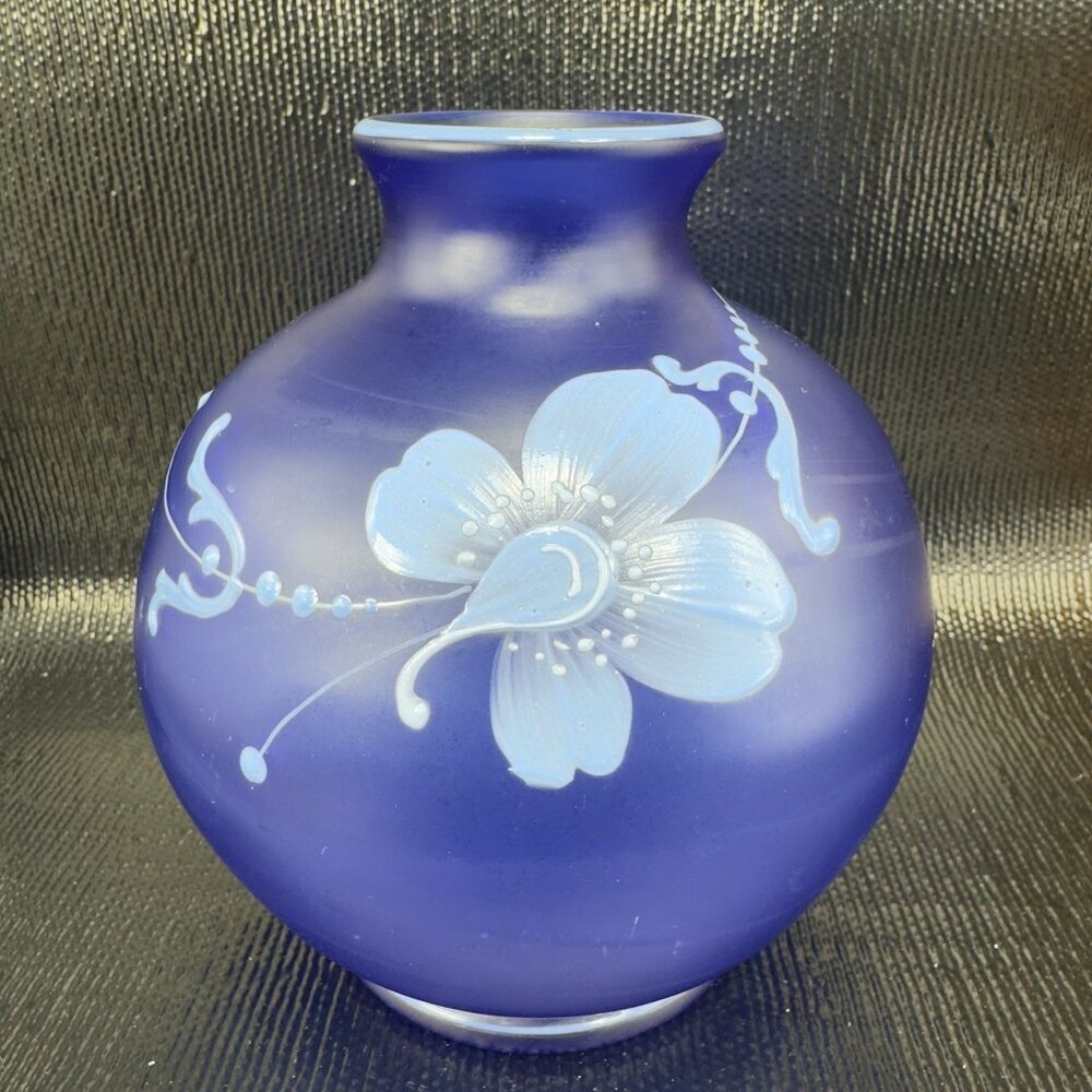 Vintage Bohemian Hand Blown Art Glass‎ Enameled Flower Paint Vase Bowl Blue VTG
